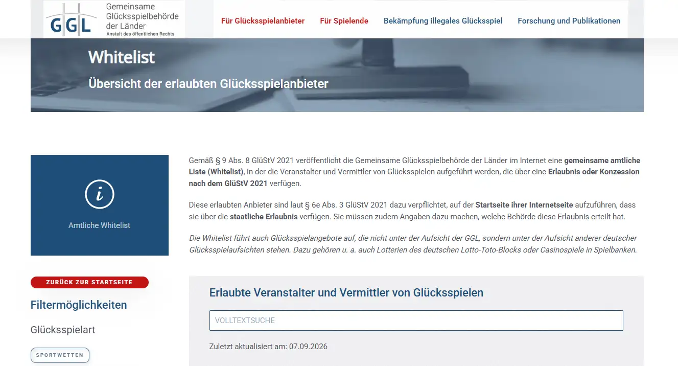 Screenshot der amtlichen GGL-Whitelist für den deutschen Lizenzkontext